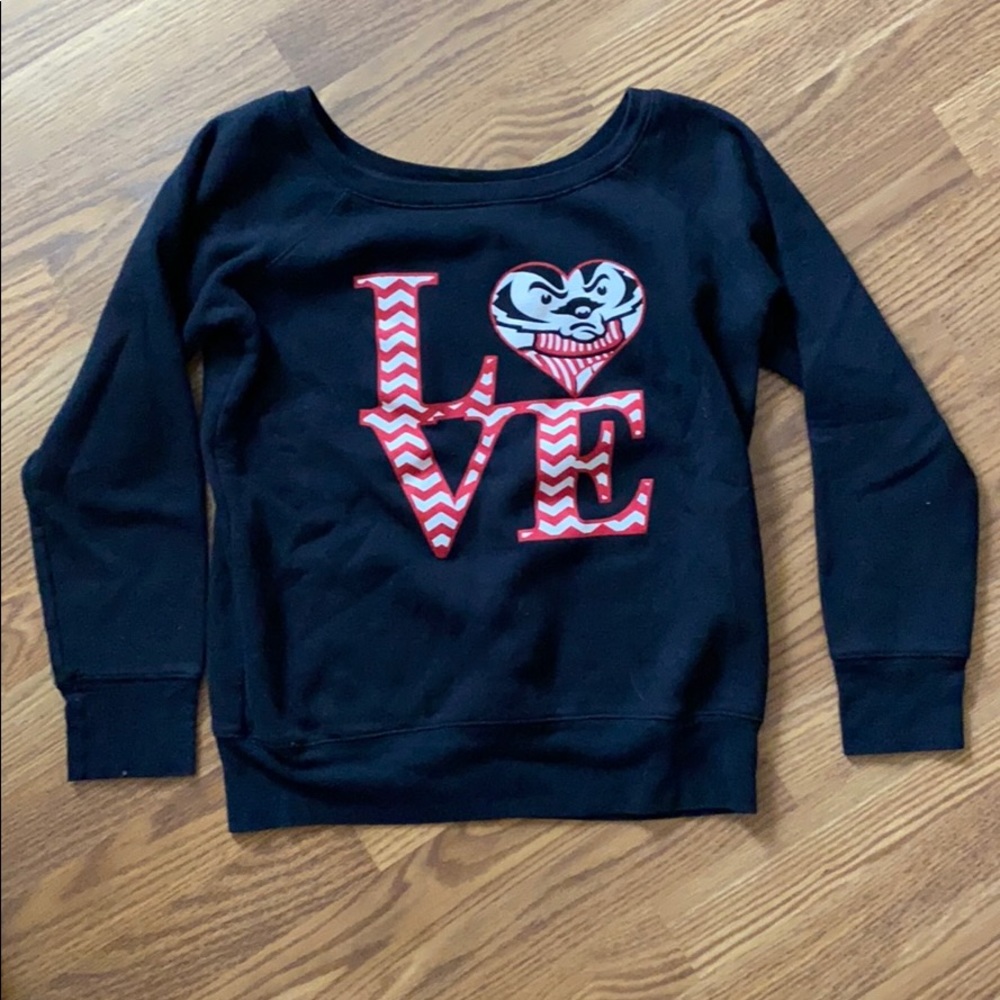 off the shoulder Bucky sweatshirt